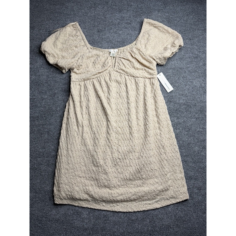 Urban Romantics FP Dress Womens Large Eyelet Lace Babydoll Puff Sleeve Beige